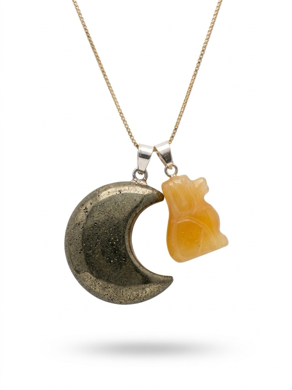 Gothic Pyrite Moon and Aventurine Dog Sterling Silver 18” Necklace